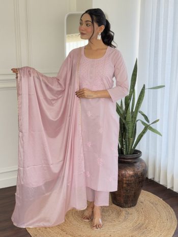 NEW ARRIVAL PURE COTTON EMBROIDERY WORK TOP BOTTOM WITH DUPATTA  BABY PINK