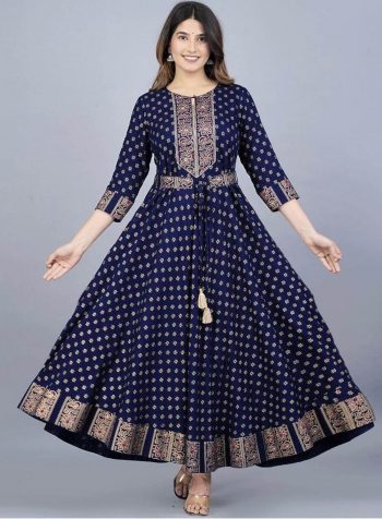 NEW ARRIVAL RAYON FOIL PRINTED GOWN  NAVY BLUE