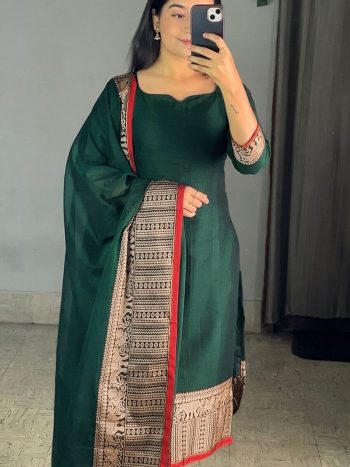 NEW ARRIVAL VICHITRA SILK JACQUARD ZARI WEAVING WORK TOP WITH DUPATTA GREEN