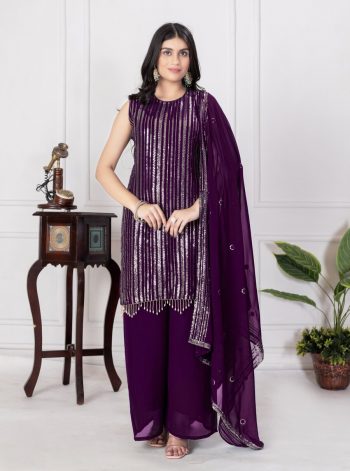 RICH LOOK FAUX GEORGETTE SEQUENCE EMBROIDERY WORK TOP PALAZZO WITH DUPATTA  PURPLE