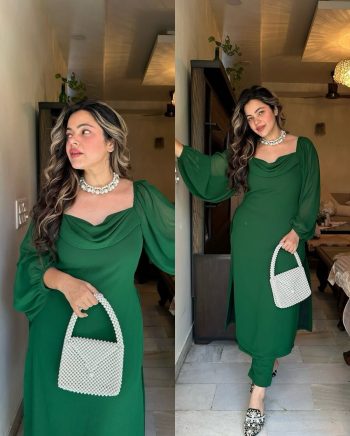 RICH LOOK GEORGETTE PLAIN WITH BALOON SLEEVES TOP BOTTOM SET GREEN
