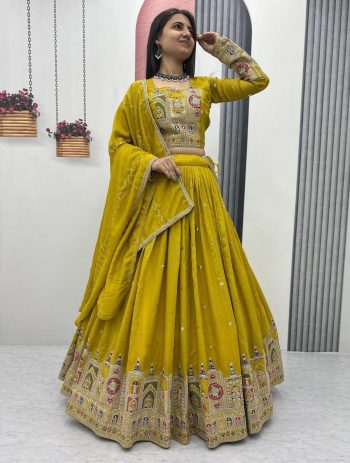 RICH LOOK VICHITRA EMBROIDERY CODING SEQUENCE AND THREAD WORK LEHENGA CHOLI WITH DUPATTA  LEMON