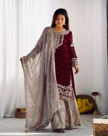 TRENDING GEORGETTE EMBROIDERY CODING SEQUENCE WORK TOP SHARARA WITH DUPATTA MAROON