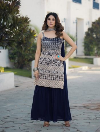 DESIGNER FAUX GEORGETTE SEQUENCE EMBROIDERY WORK TOP PALAZZO WITH DUPATTA BLUE