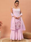 DESIGNER GEORGETTE SEQUENCE EMBROIDERED WORK TOP SHARARA WITH DUPATTA  BABY PINK