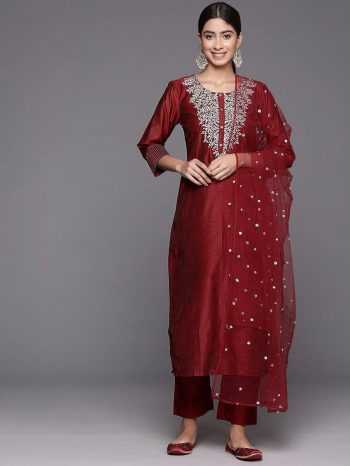 FACNY ROMAN EMBROIDERY WITH CODING WORK TOP BOTTOM WITH DUPATTA MAROON