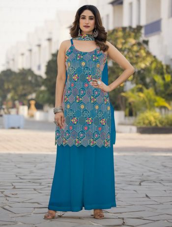 FANCY CHINON CHINON WITH EMBROIDERY WORK TOP PALAZZO WITH DUPATTA TEAL