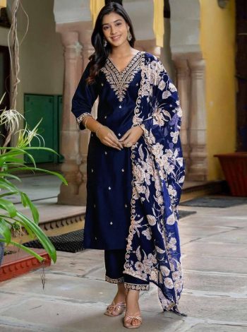 FANCY RAYON EMBROIDERY WORK TOP BOTTOM WITH DUPATTA  NAVY BLUE