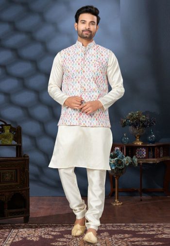 FANCY SILK DIGITAL PRINTED SEQUENCE LAKHNOWI WORK MEN'S KURTA PAYJAMA WITH JACKET WHITE