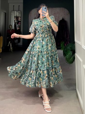 FANCY TABBY SILK PRINTED ONE PIECE  GREEN
