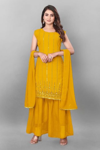 LATEST GEORGETTE EMBROIDERY WORK TOP SHARARA WITH DUPATTA  YELLOW