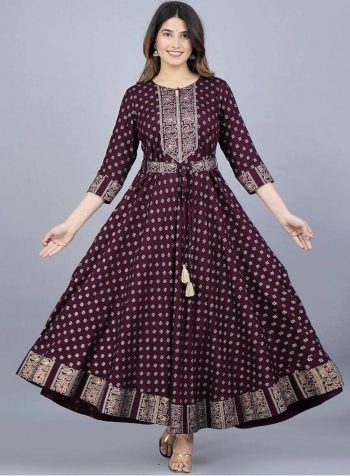 NEW ARRIVAL RAYON FOIL PRINTED GOWN  WINE