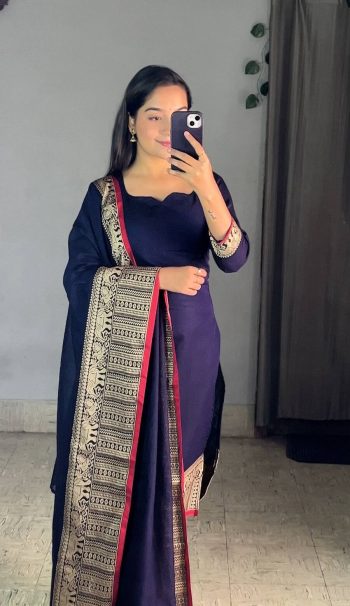 NEW ARRIVAL VICHITRA SILK JACQUARD ZARI WEAVING WORK TOP WITH DUPATTA NAVY BLUE