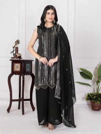 RICH LOOK FAUX GEORGETTE SEQUENCE EMBROIDERY WORK TOP PALAZZO WITH DUPATTA  BLACK