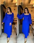 RICH LOOK GEORGETTE PLAIN WITH BALOON SLEEVES TOP BOTTOM SET  BLUE