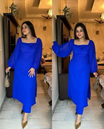 RICH LOOK GEORGETTE PLAIN WITH BALOON SLEEVES TOP BOTTOM SET  BLUE