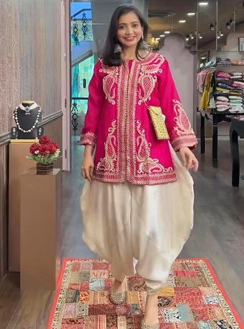 DESIGNER CHINON SILK EMBROIDERY SEQUENCE WORK TOP DHOTI WITH DUPATTA  RANI