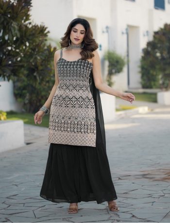 DESIGNER FAUX GEORGETTE SEQUENCE EMBROIDERY WORK TOP PALAZZO WITH DUPATTA BLACK