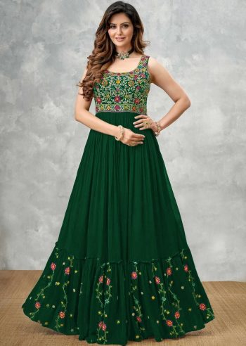 DESIGNER GEORGETTE EMBROIDERY MULTI THREAD WORK GOWN GREEN