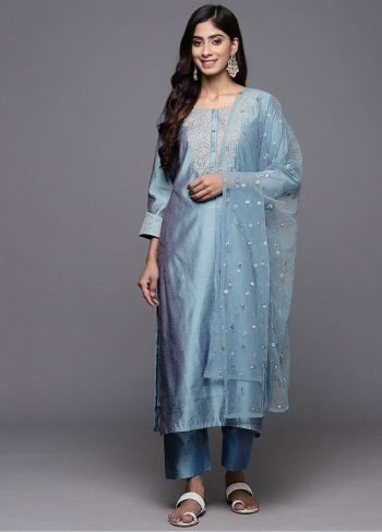 FACNY ROMAN EMBROIDERY WITH CODING WORK TOP BOTTOM WITH DUPATTA SKY