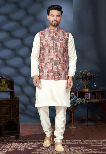 FANCY SILK DIGITAL PRINTED SEQUENCE LAKHNOWI WORK MEN'S KURTA PAYJAMA WITH JACKET MULTI