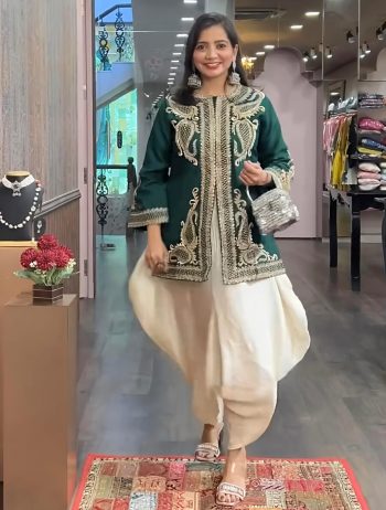 DESIGNER CHINON SILK EMBROIDERY SEQUENCE WORK TOP DHOTI WITH DUPATTA  GREEN