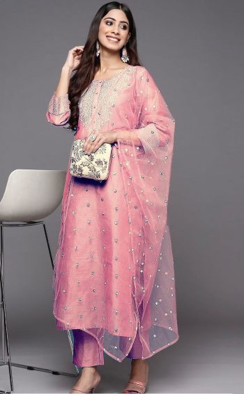 FACNY ROMAN EMBROIDERY WITH CODING WORK TOP BOTTOM WITH DUPATTA BABY PINK