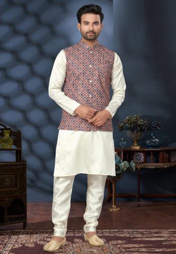 FANCY SILK DIGITAL PRINTED SEQUENCE LAKHNOWI WORK MEN'S KURTA PAYJAMA WITH JACKET MULTI