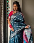 ATTRACTIVE  BANARASI SOFT SILK SILVER  ZARI WEAVING WORK SAREE WITH UNSTITCHED BLOUSE RAMA