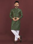 ATTRACTIVE BANGLORI SILK SEQUENCE EMBROIDERY WORK MEN'S KURTA PAYJAMA MEHNDI