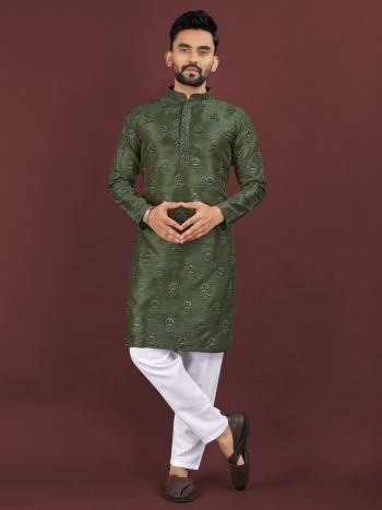 ATTRACTIVE BANGLORI SILK SEQUENCE EMBROIDERY WORK MEN'S KURTA PAYJAMA MEHNDI