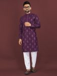 ATTRACTIVE BANGLORI SILK SEQUENCE EMBROIDERY WORK MEN'S KURTA PAYJAMA WINE