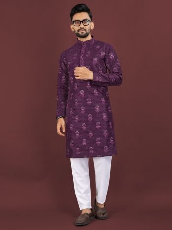 ATTRACTIVE BANGLORI SILK SEQUENCE EMBROIDERY WORK MEN'S KURTA PAYJAMA WINE