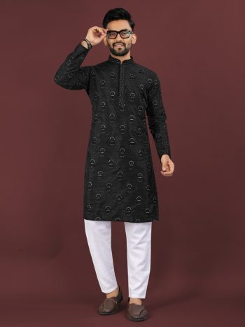 ATTRACTIVE BANGLORI SILK SEQUENCE EMBROIDERY WORK MEN'S KURTA PAYJAMA BLACK