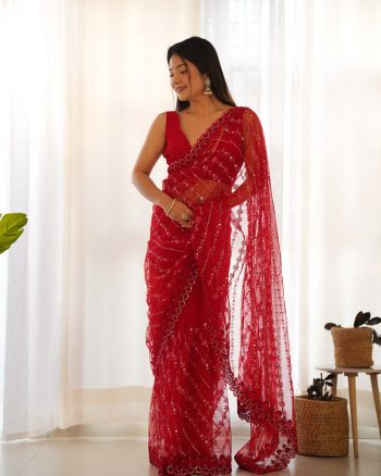 ATTRACTIVE BUTTERFLY NET EMBROIDERY WORK SAREE WITH UNSTITCHED BLOUSE RED