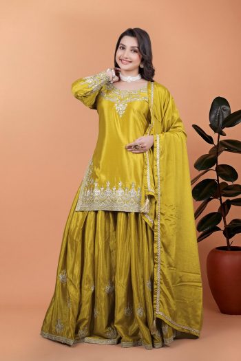 ATTRACTIVE CHINON EMBROIDERY CODING SEQUENCE WORK TOP PALAZZO WITH DUPATTA YELLOW