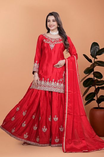ATTRACTIVE CHINON EMBROIDERY CODING SEQUENCE WORK TOP PALAZZO WITH DUPATTA RED