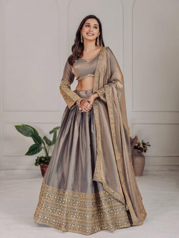 ATTRACTIVE FENDY SILK EMBROIDERY CODING SEQUENCE WORK LEHENGA CHOLI WITH DUPATTA GREY