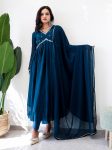ATTRACTIVE GEORGETTE MOTI HAND WORK ALIA CUT GOWN BOTTOM WITH DUPATTA  BLUE