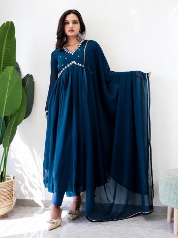 ATTRACTIVE GEORGETTE MOTI HAND WORK ALIA CUT GOWN BOTTOM WITH DUPATTA  BLUE