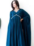 ATTRACTIVE GEORGETTE MOTI HAND WORK ALIA CUT GOWN BOTTOM WITH DUPATTA BLUE (1)