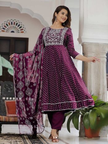 ATTRACTIVE RAYON EMBROIDERY FOIL PRINTED TOP BOTTOM WITH CHINON DUPATTA WINE