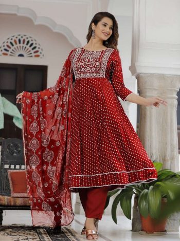 ATTRACTIVE RAYON EMBROIDERY FOIL PRINTED TOP BOTTOM WITH CHINON DUPATTA MAROON