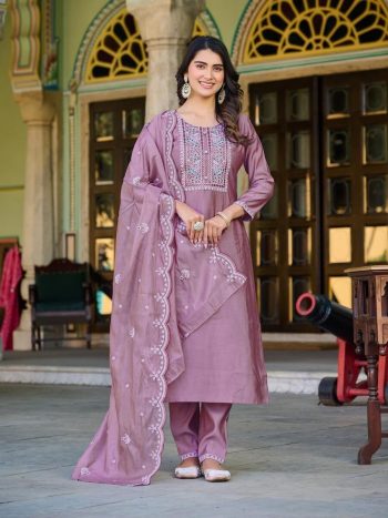 ATTRACTIVE ROMAN SILK EMBROIDERY SEQUENCE WORK TOP BOTTOM WITH DUPATTA LAVENDER