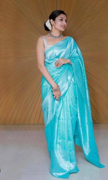 BOLLYWOOD SOFT LICHI SILK JACQUARD SAREE WITH  UNSTITCHED BLOUSE SKY