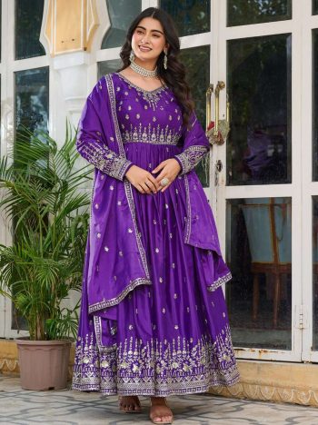 DESIGNER AMERICAN SILK THREAD WITH SEQUENCE WORK GOWN BOTTOM WITH DUPATTA PURPLE