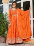 DESIGNER AMERICAN SILK THREAD WITH SEQUENCE WORK GOWN BOTTOM WITH DUPATTA ORANGE