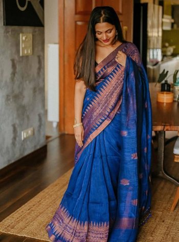 DESIGNER BANARASI SOFT SILK COOPER  WEAVING WORK SAREE WITH UNSTITCHED BLOUSE  BLUE