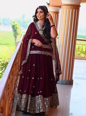 DESIGNER BLOOMING GEORGETTE EMBROIDERY SEQUENCE WORK TOP LEHENGA WITH DUPATTA  BROWN
