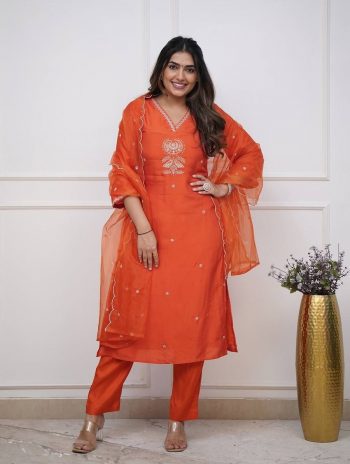 DESIGNER CHANDERI SILK EMBROIDERY SEQUENCE CODING WORK TOP BOTTOM WITH DUPATTA ORANGE